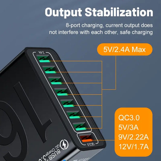 1pc 8-Port USB 3.0 Fast Charger, QC 3.0 & QC 2.0 Compatible, 20-30W High Power Output, US Plug, Multi-Device Wall Charging Station with Overvoltage Protection for Travel