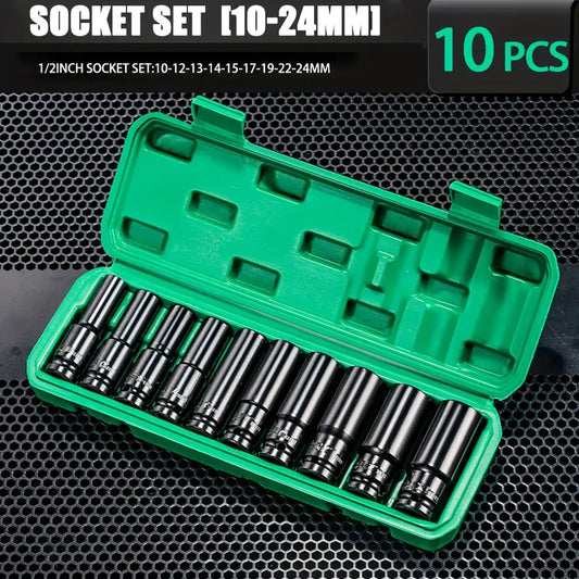 10pcs Cr-V Steel Deep Impact Socket Set, 1/2" Drive, 6-Point, Metric Sizes 10-24mm, for Automotive & Home Repair Tools